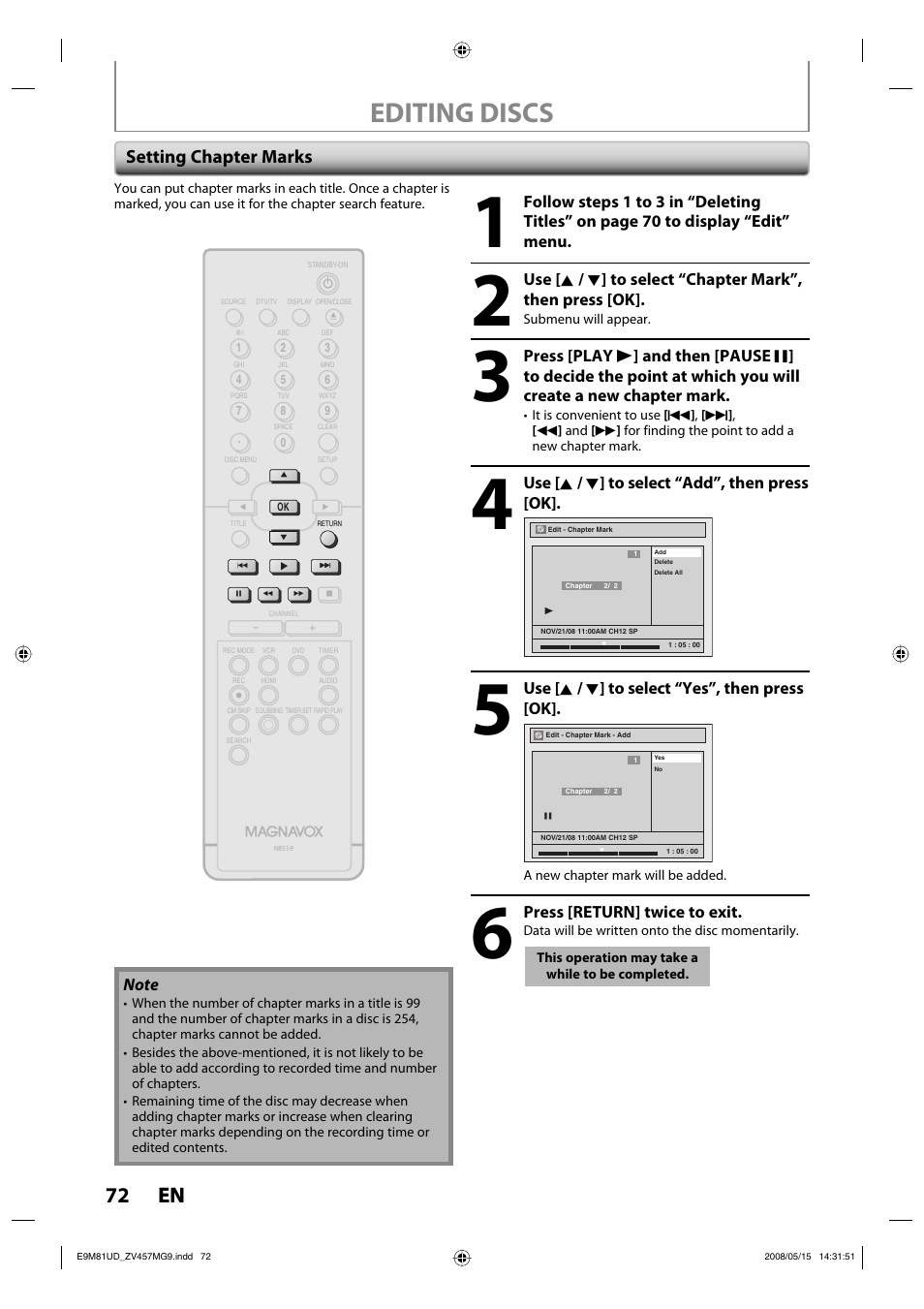 Editing discs, 72 en 72 en, Setting chapter marks | FUNAI ZV457MG9 User Manual | Page 74 / 110