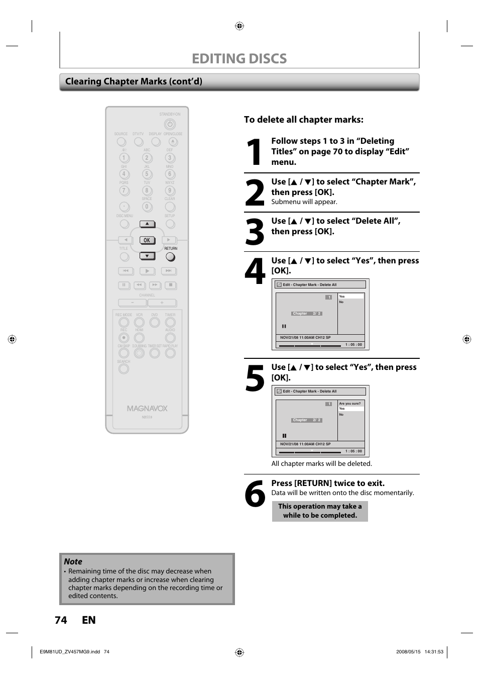 Editing discs, 74 en 74 en | FUNAI ZV457MG9 User Manual | Page 76 / 110