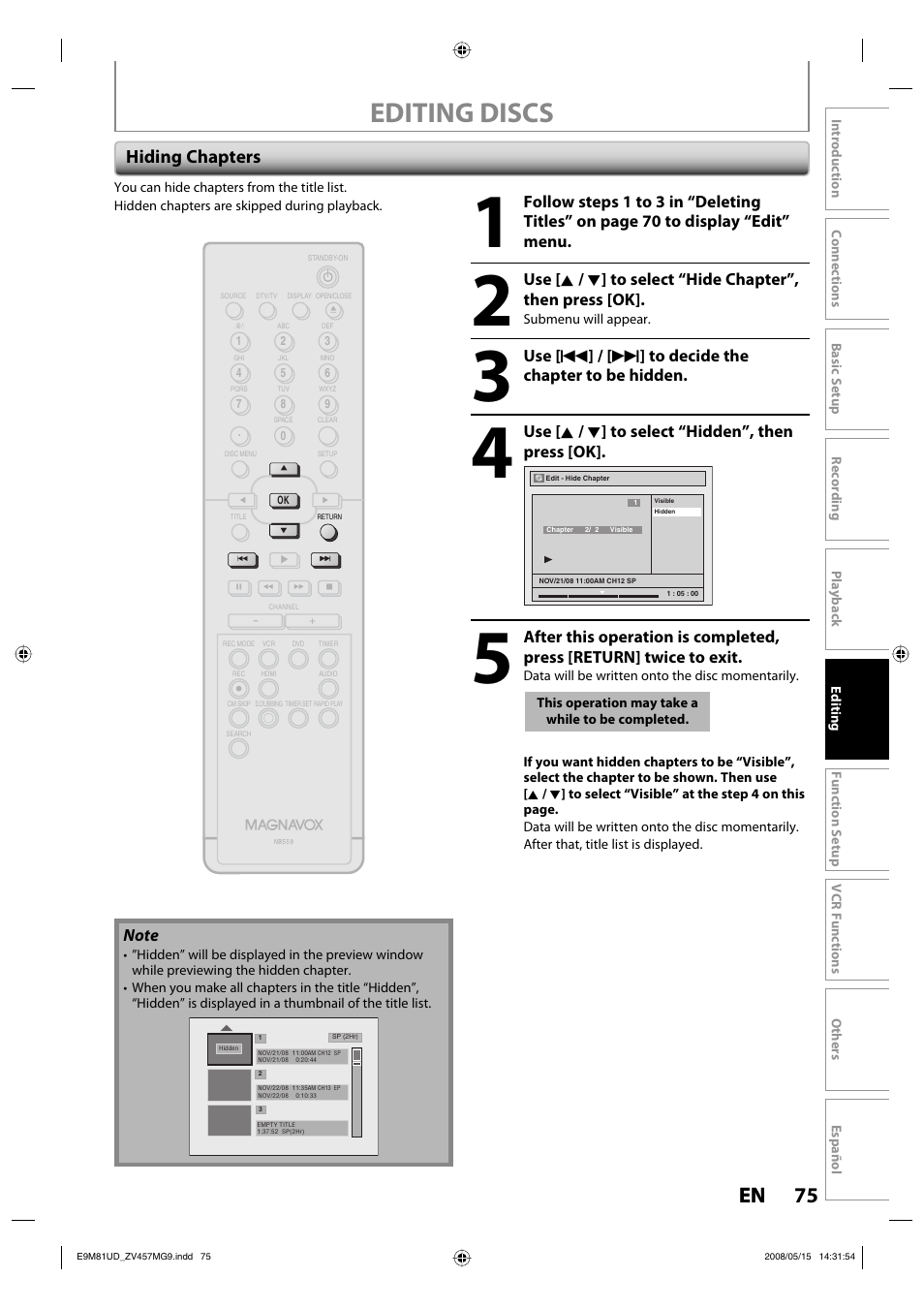 Editing discs, 75 en 75 en, Hiding chapters | Use [ k / l ] to select “hidden”, then press [ok | FUNAI ZV457MG9 User Manual | Page 77 / 110