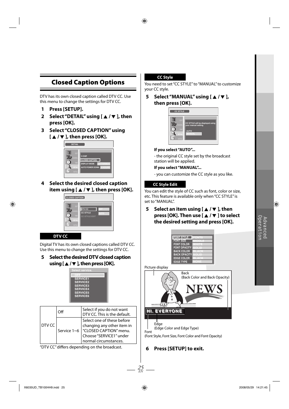 Closed caption options, 5 select “manual” using [ k / l ], then press [ok, 6 press [setup] to exit | Advanced operation | FUNAI TB100HH9 User Manual | Page 25 / 32