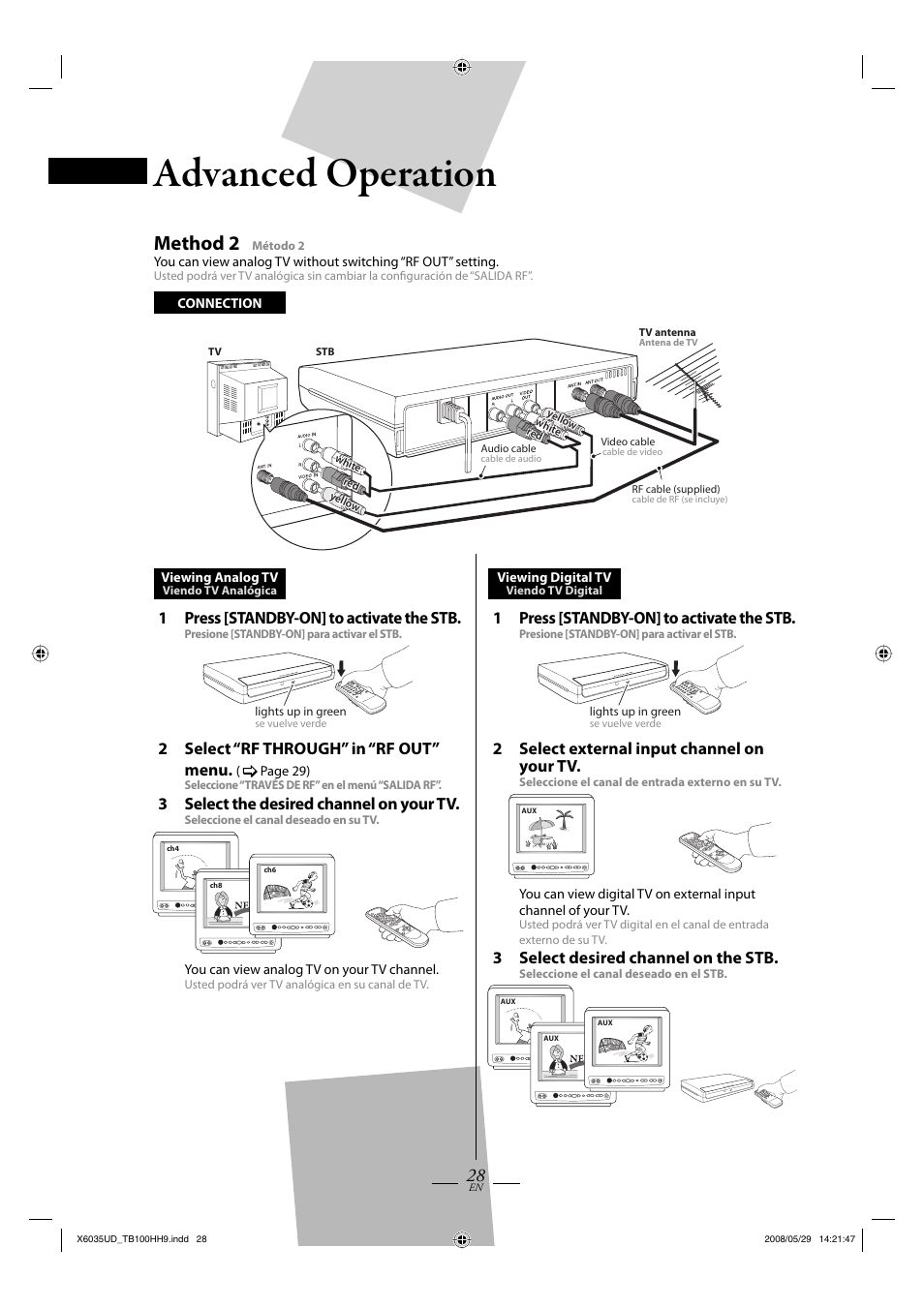 Advanced operation, Method 2, 1press [standby-on] to activate the stb | 2 select external input channel on your tv, 3 select desired channel on the stb, 2 select “rf through” in “rf out” menu, 3 select the desired channel on your tv | FUNAI TB100HH9 User Manual | Page 28 / 32
