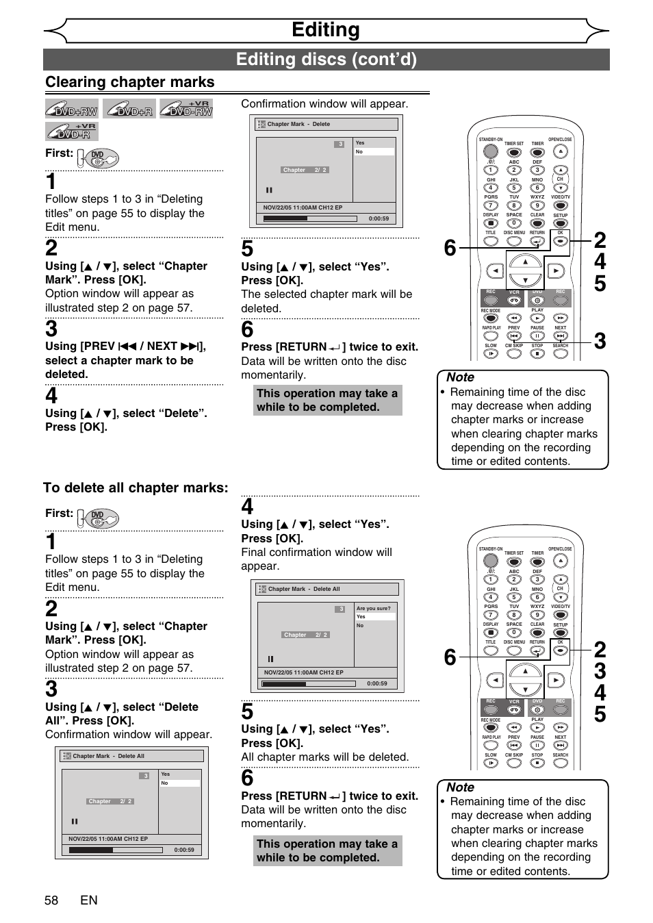 Editing, Editing discs (cont’d), Clearing chapter marks | 58 en, First, This operation may take a while to be completed | FUNAI SV2000 WV20V6 User Manual | Page 58 / 90