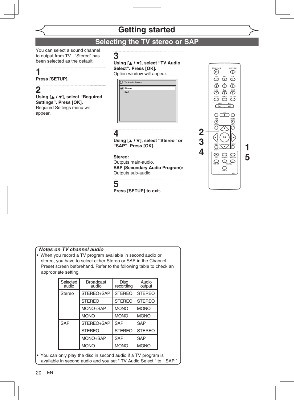 Getting started, Selecting the tv stereo or sap | FUNAI MWR10D6 User Manual | Page 22 / 82