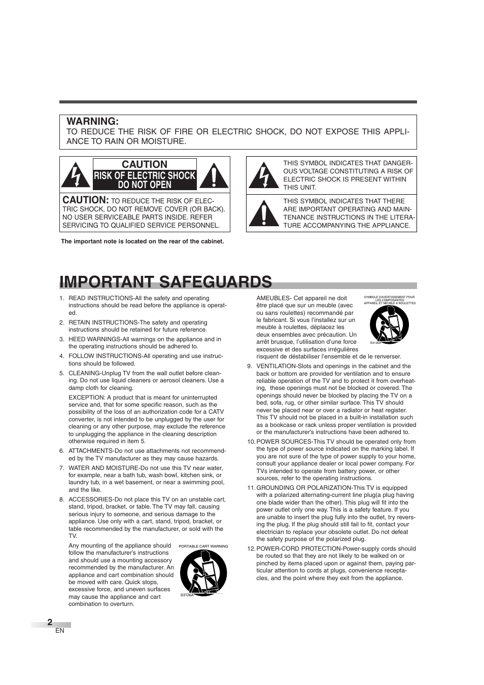 Important safeguards, Caution, Caution risk of electric shock do not open | Warning | FUNAI MJ427GG User Manual | Page 2 / 40