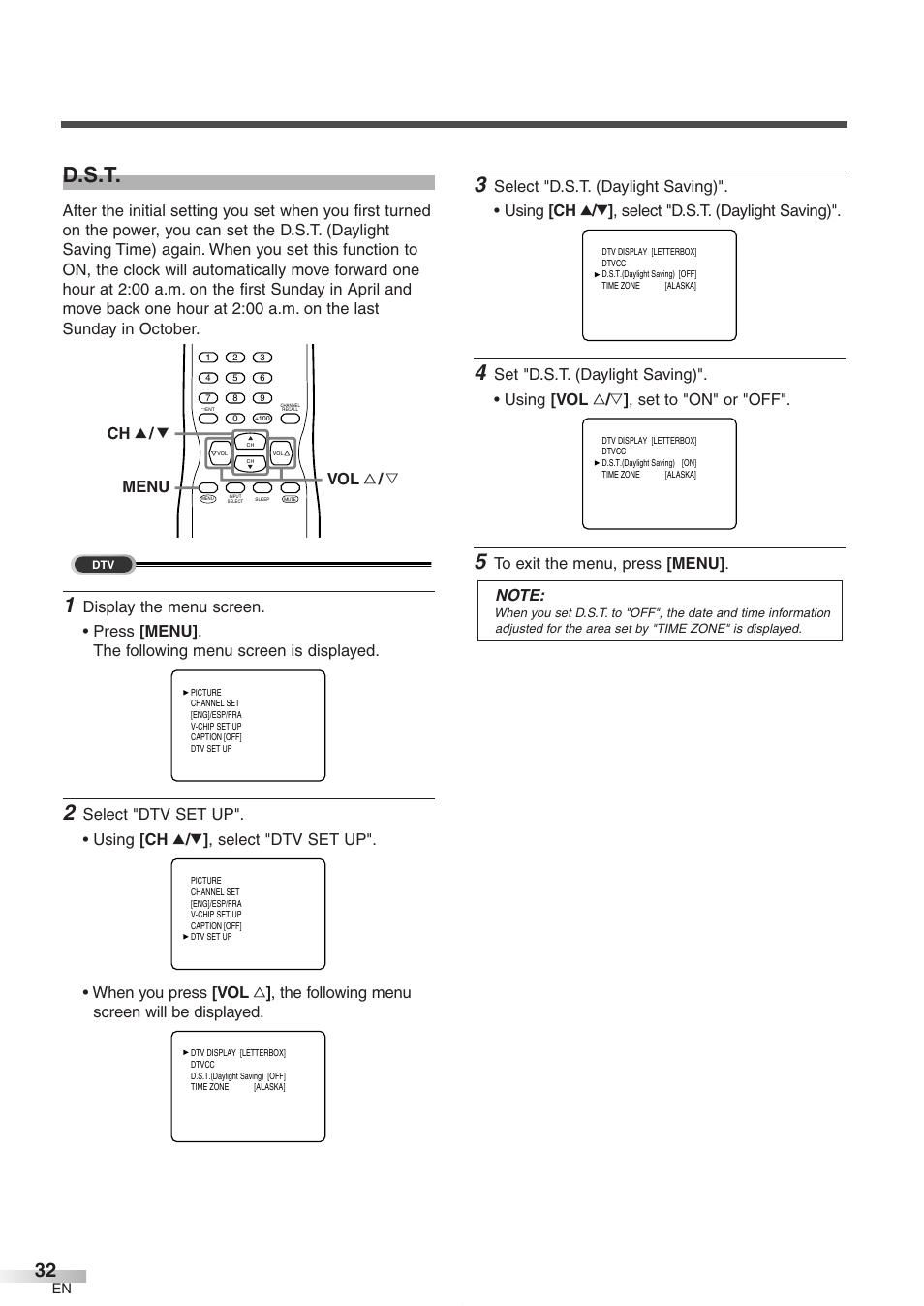 D.s.t, Menu ch k / l vol x / y | FUNAI CR272IL8 User Manual | Page 32 / 76