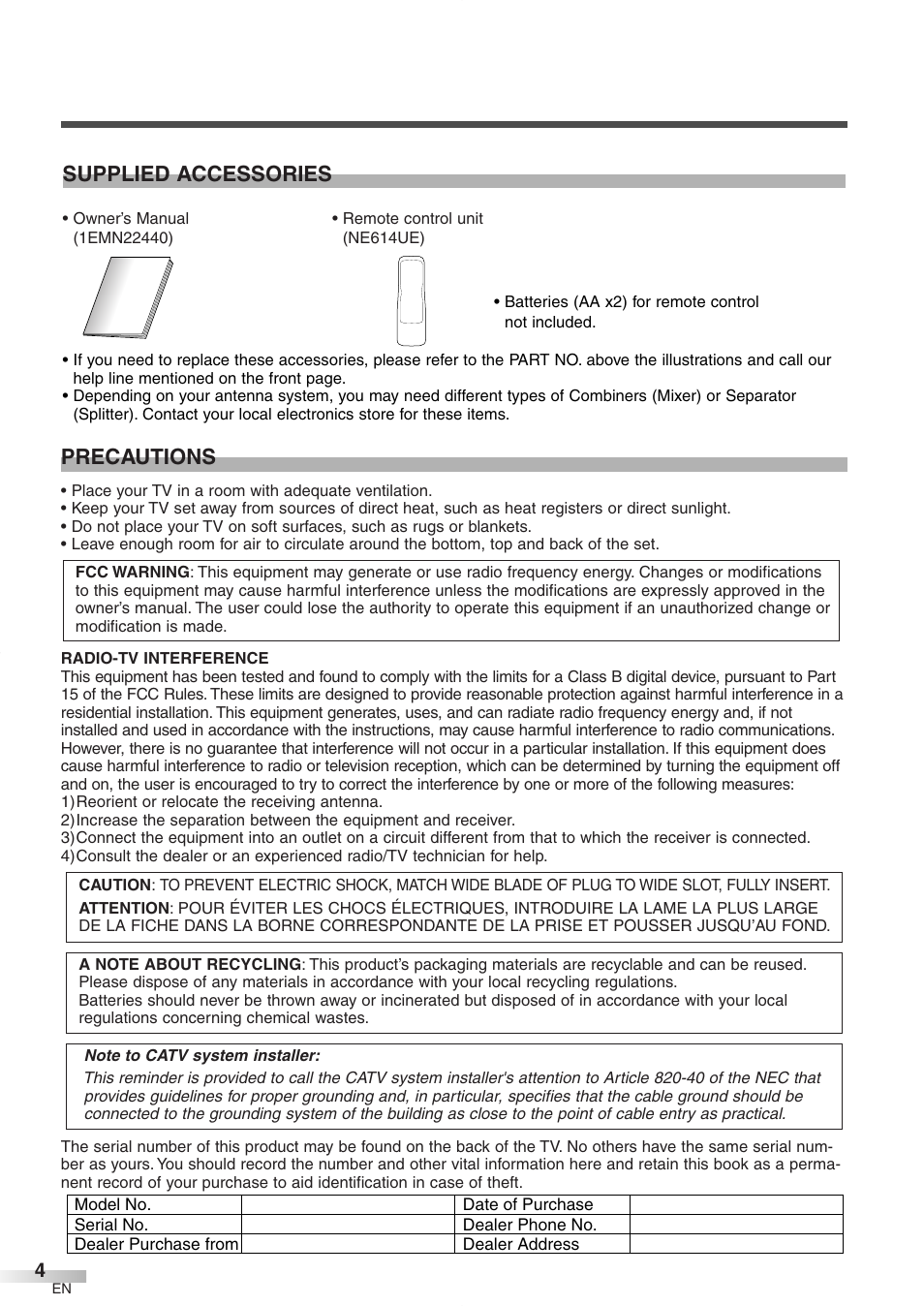 Precautions, Supplied accessories | FUNAI CR272IL8 User Manual | Page 4 / 76