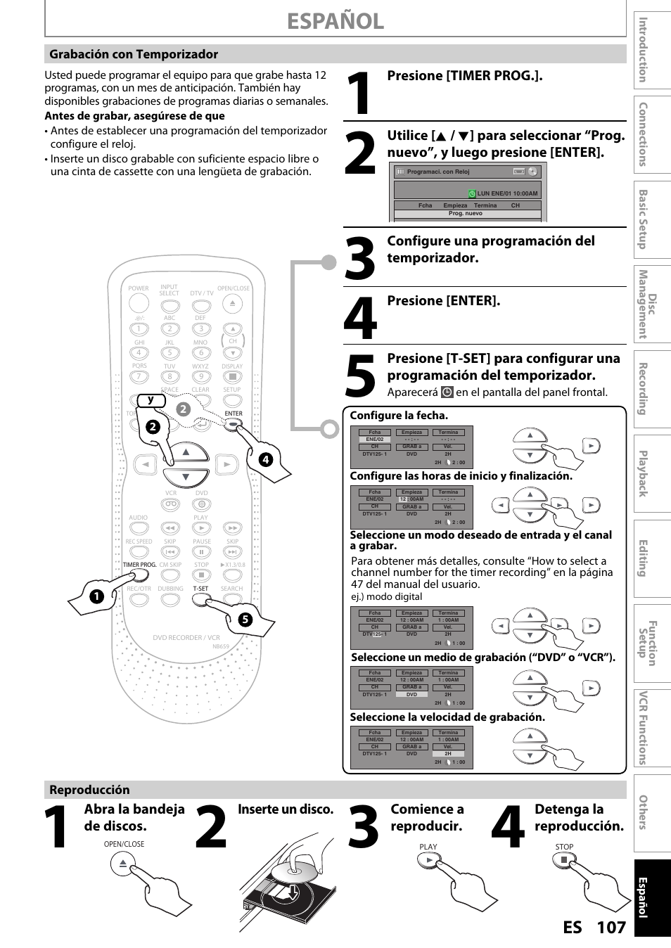 Español, 107 es, Abra la bandeja de discos | Inserte un disco, Comience a reproducir, Detenga la reproducción, Presione [timer prog, Configure una programación del temporizador, Presione [enter, Reproducción grabación con temporizador | FUNAI ZV450TT8 User Manual | Page 107 / 108