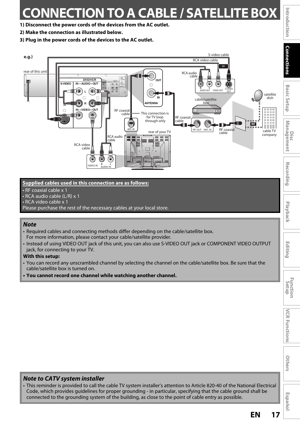 Connection to a cable / satellite box, 17 en, E.g.) | FUNAI ZV450TT8 User Manual | Page 17 / 108