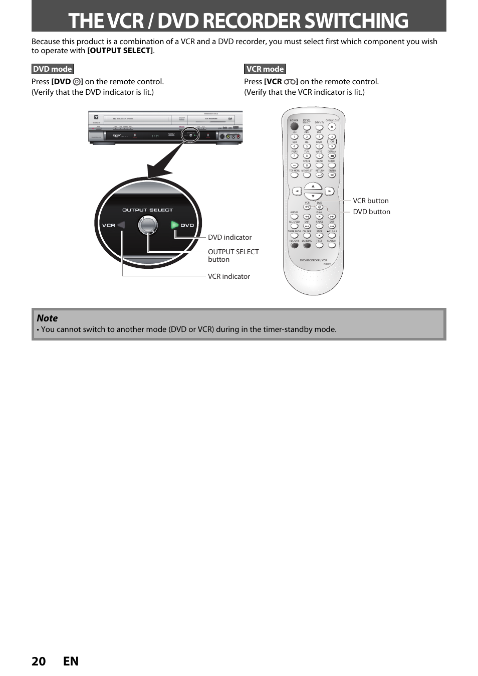 The vcr / dvd recorder switching, 20 en | FUNAI ZV450TT8 User Manual | Page 20 / 108