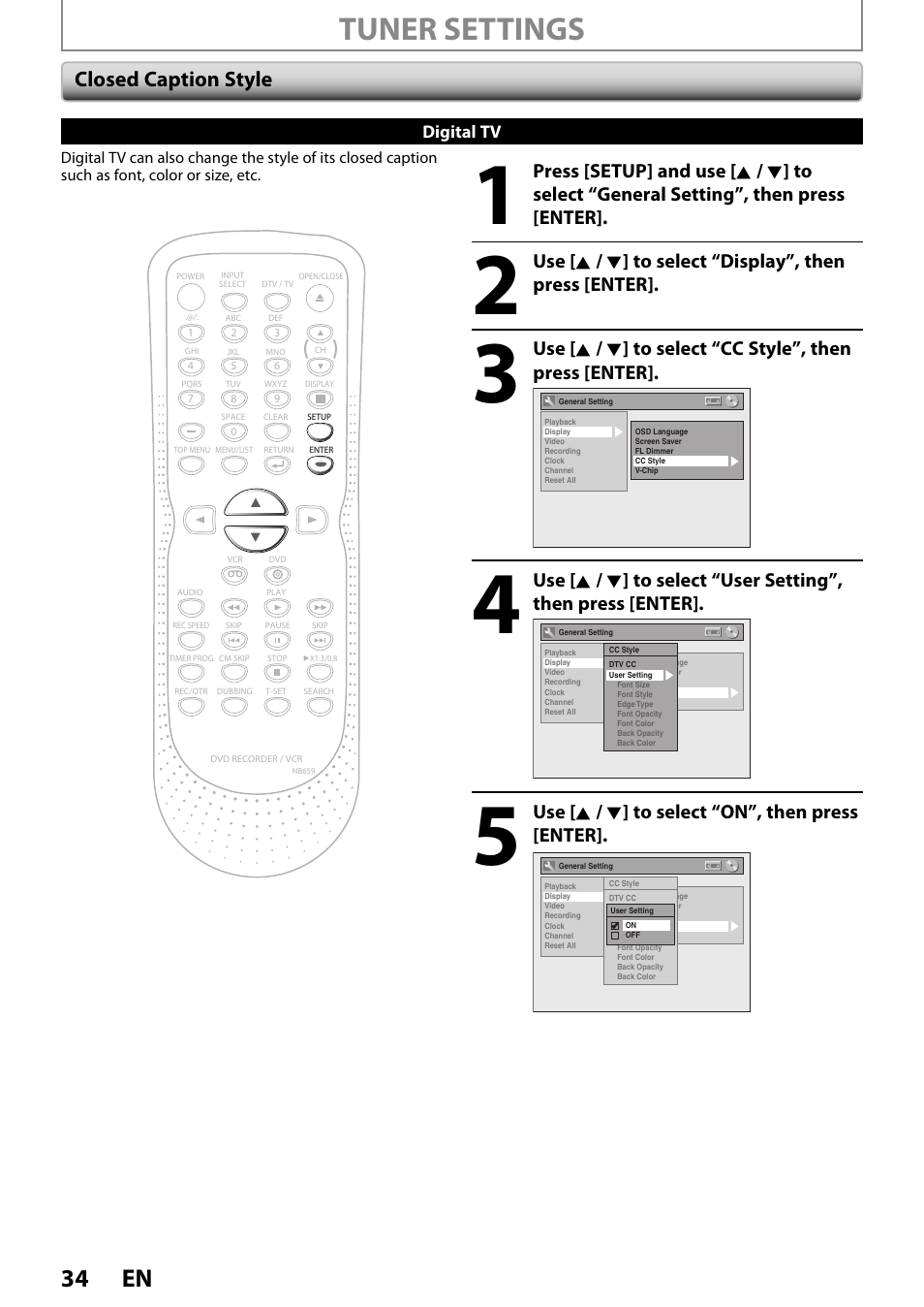 Tuner settings, 34 en, Closed caption style | Use [ k / l ] to select “on”, then press [enter | FUNAI ZV450TT8 User Manual | Page 34 / 108