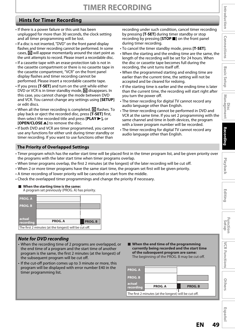 Timer recording, 49 en, Hints for timer recording | FUNAI ZV450TT8 User Manual | Page 49 / 108