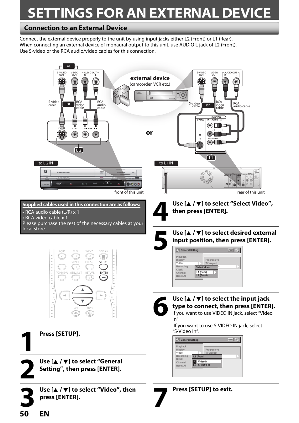 Settings for an external device, 50 en, Connection to an external device | Press [setup, Use [ k / l ] to select “video”, then press [enter, Press [setup] to exit, External device | FUNAI ZV450TT8 User Manual | Page 50 / 108