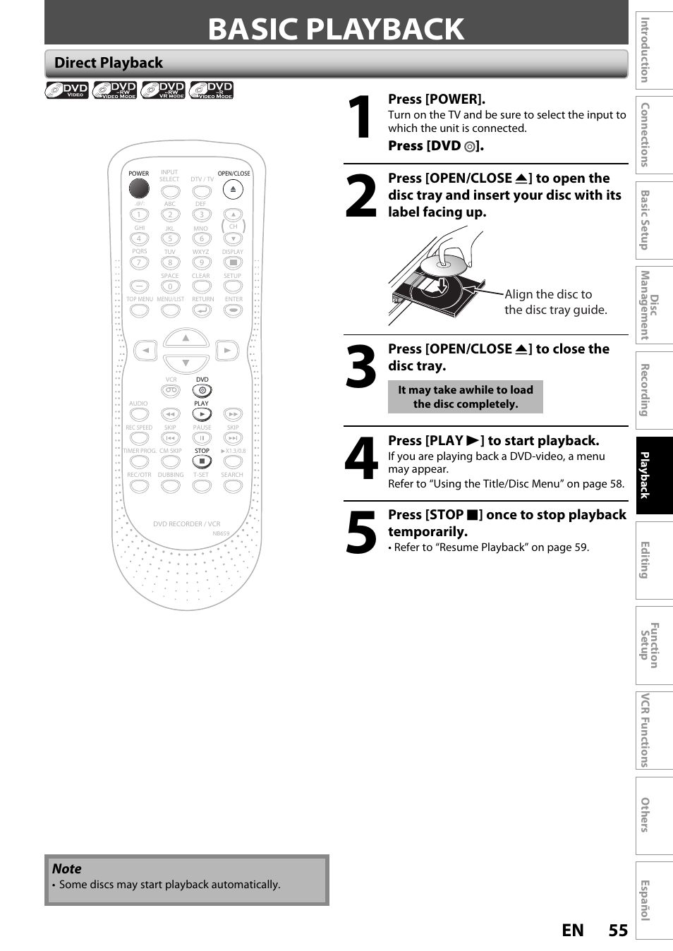 Basic playback, 55 en, Direct playback | FUNAI ZV450TT8 User Manual | Page 55 / 108