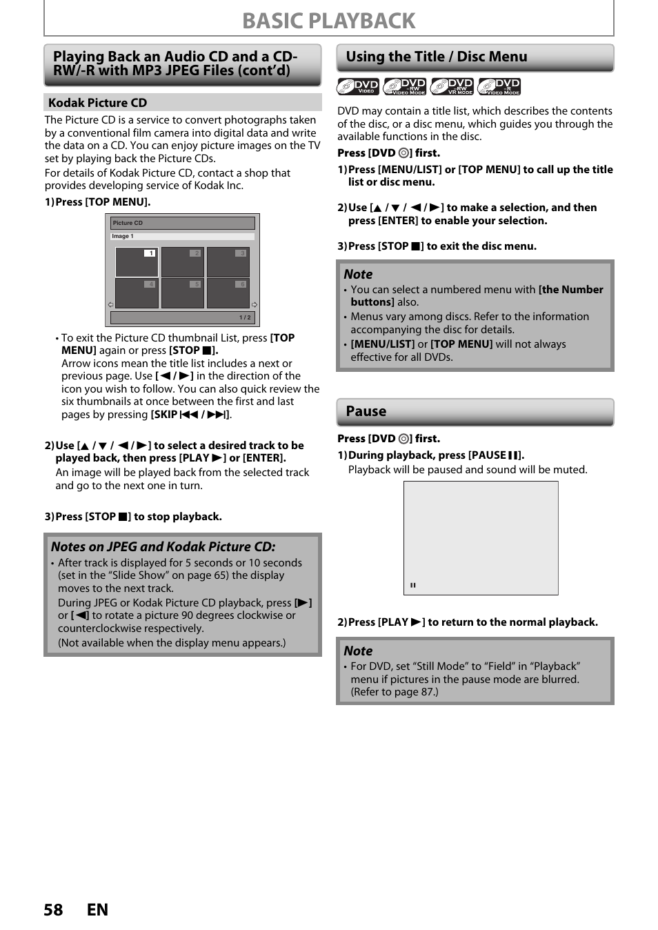 Basic playback, 58 en, Using the title / disc menu | Pause | FUNAI ZV450TT8 User Manual | Page 58 / 108