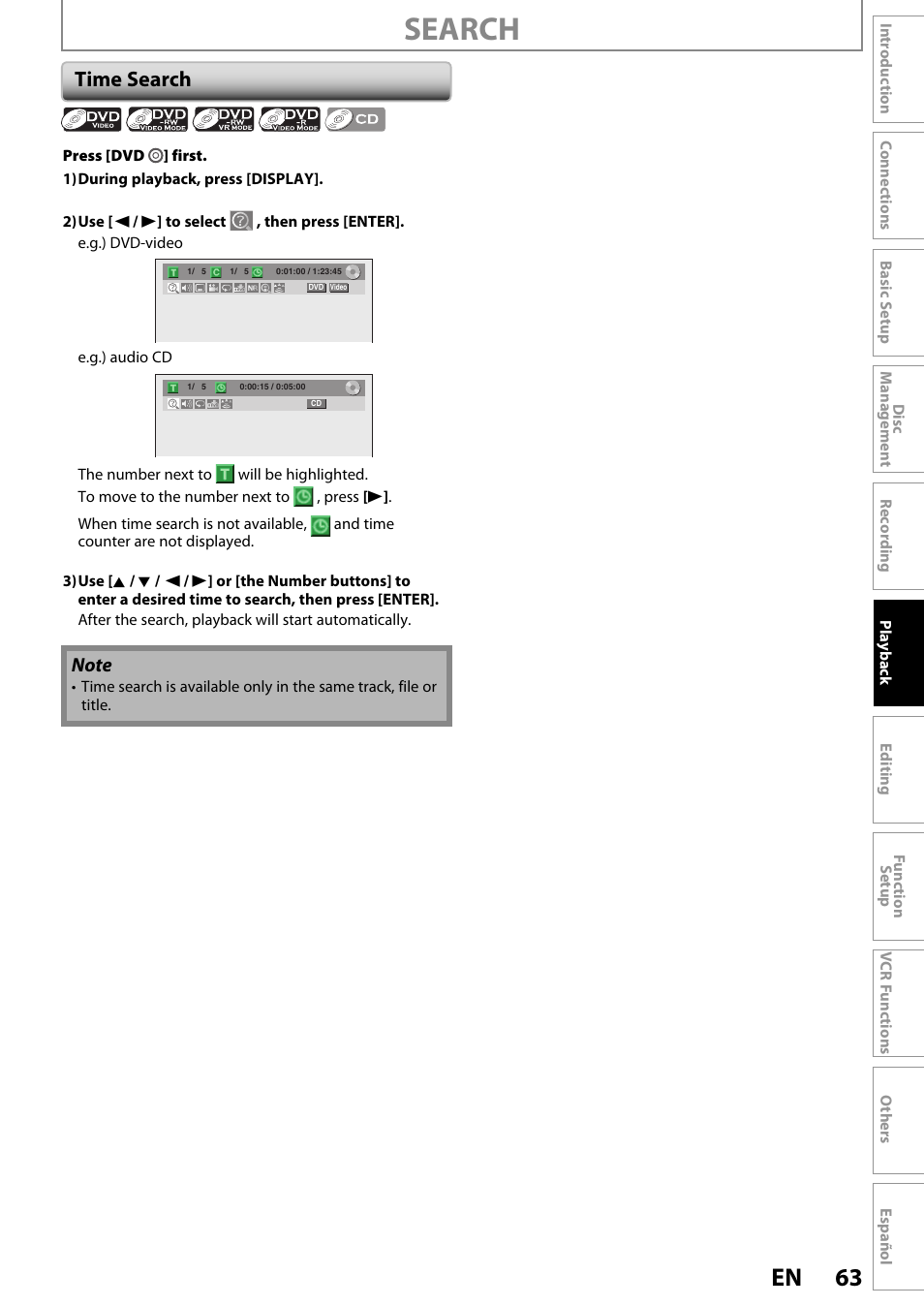 Search, 63 en, Time search | FUNAI ZV450TT8 User Manual | Page 63 / 108