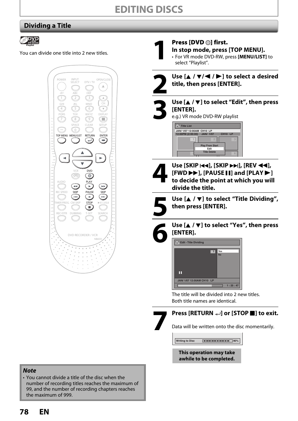 Editing discs, 78 en, Dividing a title | Press [dvd ] first. in stop mode, press [top menu, Use [ k / l ] to select “edit”, then press [enter, Use [skip, Skip, Use [ k / l ] to select “yes”, then press [enter, Press [return ] or [stop c ] to exit | FUNAI ZV450TT8 User Manual | Page 78 / 108