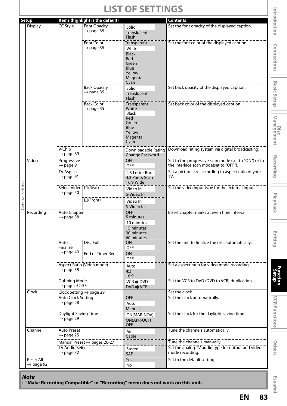 List of settings, 83 en | FUNAI ZV450TT8 User Manual | Page 83 / 108