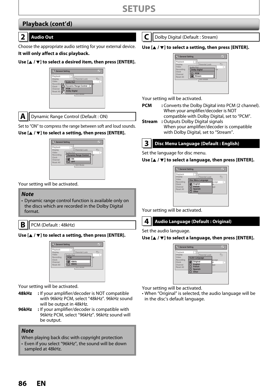 Setups, 86 en, Playback (cont’d) | FUNAI ZV450TT8 User Manual | Page 86 / 108