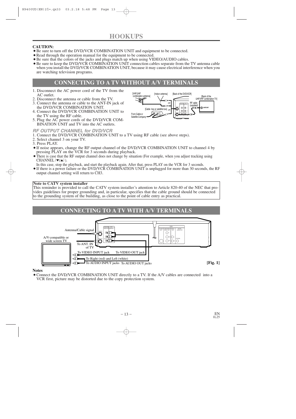 Hookups, Connecting to a tv with a/v terminals, Connecting to a tv without a/v terminals | Rf output channel for dvd/vcr, Caution | FUNAI DVC860D User Manual | Page 13 / 44