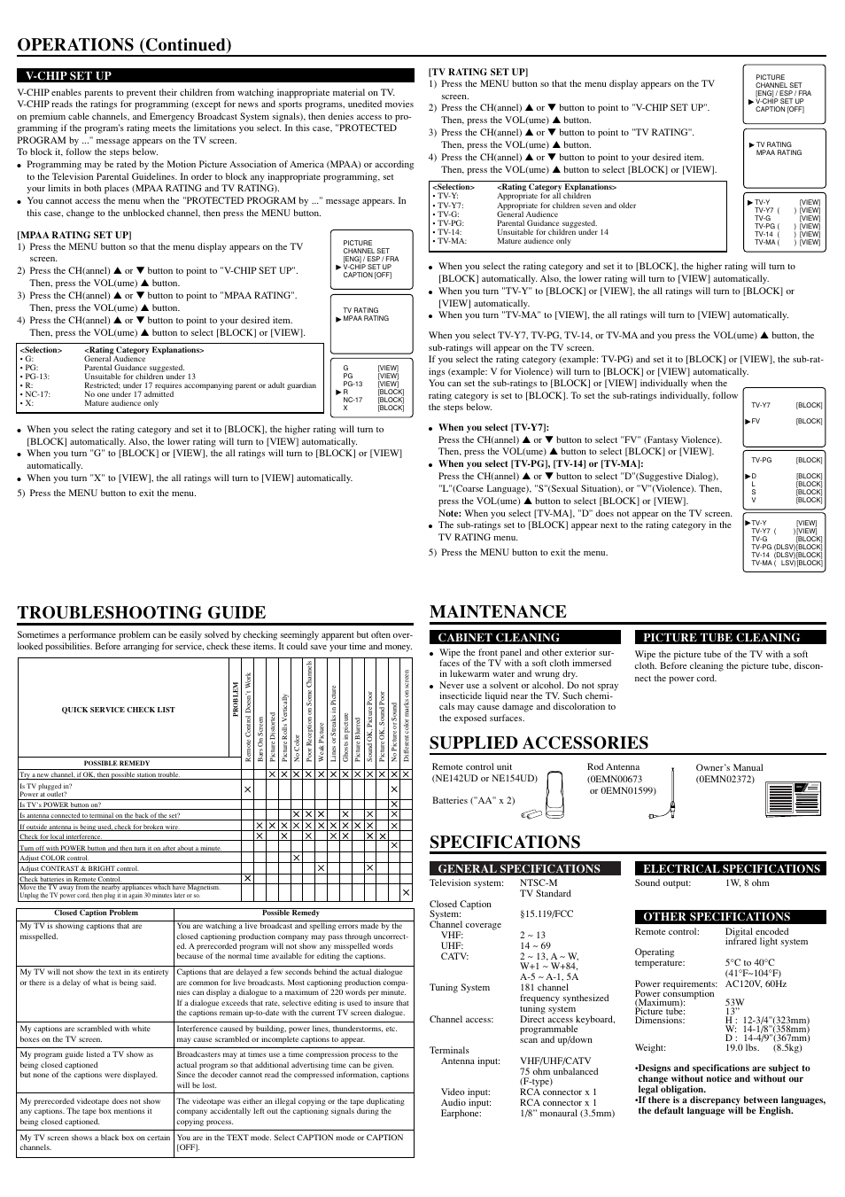 Specifications operations (continued), Troubleshooting guide, Maintenance supplied accessories | Owner’s manual | FUNAI Durabrand DWT1304 User Manual | Page 4 / 8