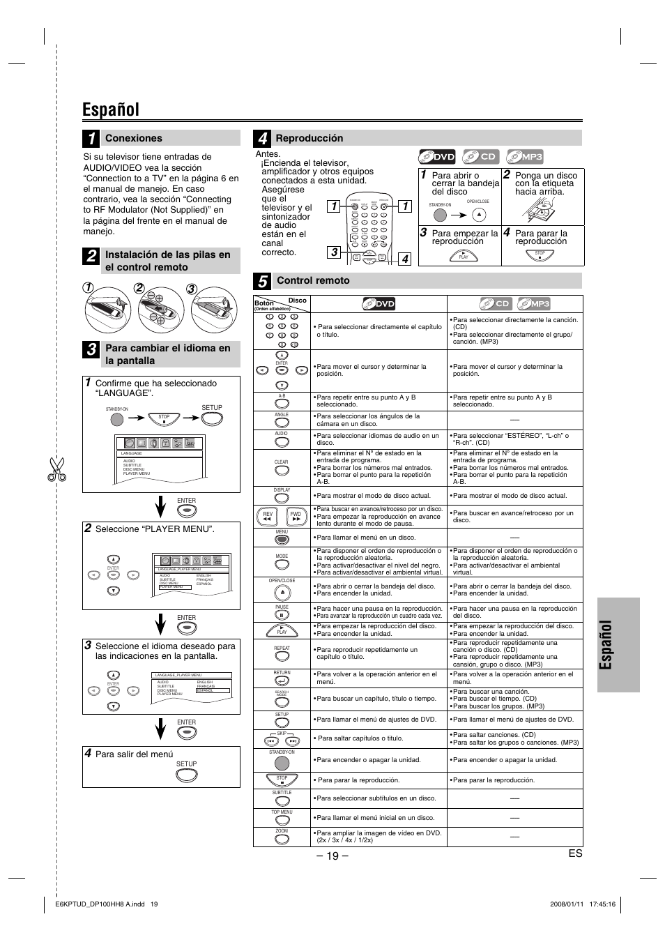 Español, Conexiones, Para cambiar el idioma en la pantalla | Reproducción | FUNAI DP100HH8A User Manual | Page 19 / 20