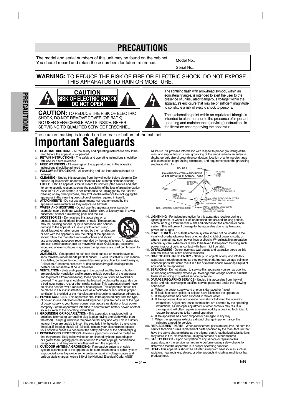 Important safeguards, Precautions, Caution | Caution risk of electric shock do not open, Warning | FUNAI DP100HH8A User Manual | Page 2 / 20