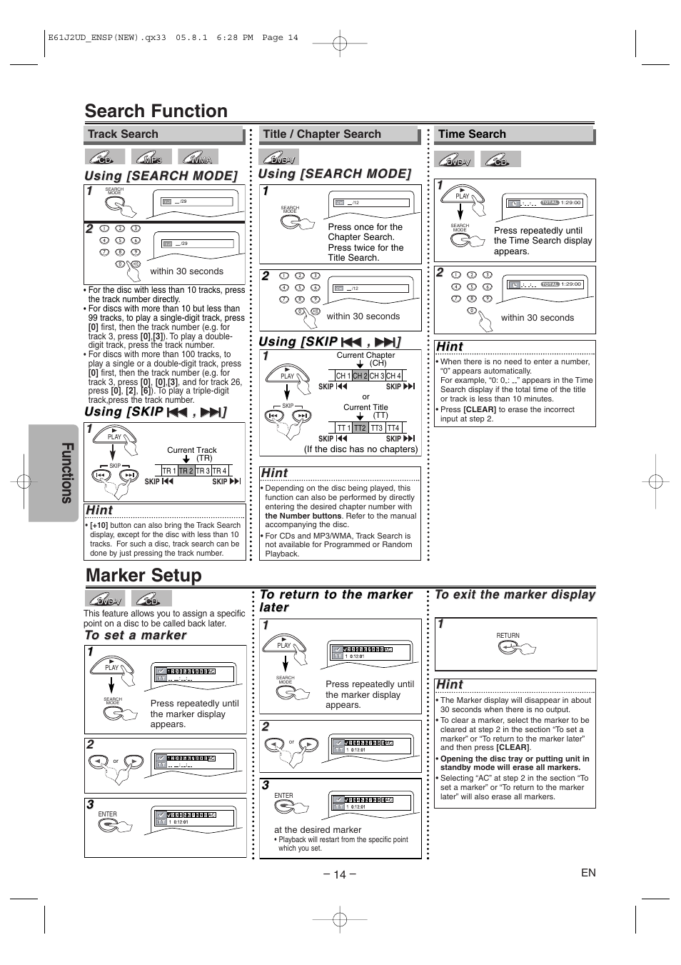 Search function, Marker setup, Functions | Using [search, Using [search mode] mode, Using [skip, Hint | FUNAI MSD1005 User Manual | Page 14 / 24