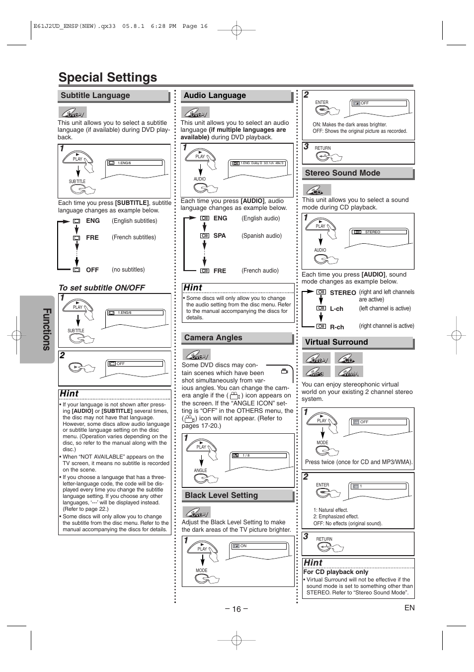 Special settings, Functions, Hint | Audio language, Subtitle language, Camera angles, Black level setting, Stereo sound mode, Virtual surround | FUNAI MSD1005 User Manual | Page 16 / 24