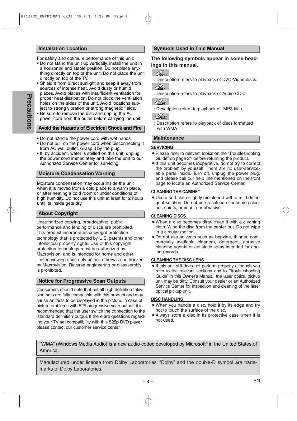 Precautions | FUNAI MSD1005 User Manual | Page 4 / 24