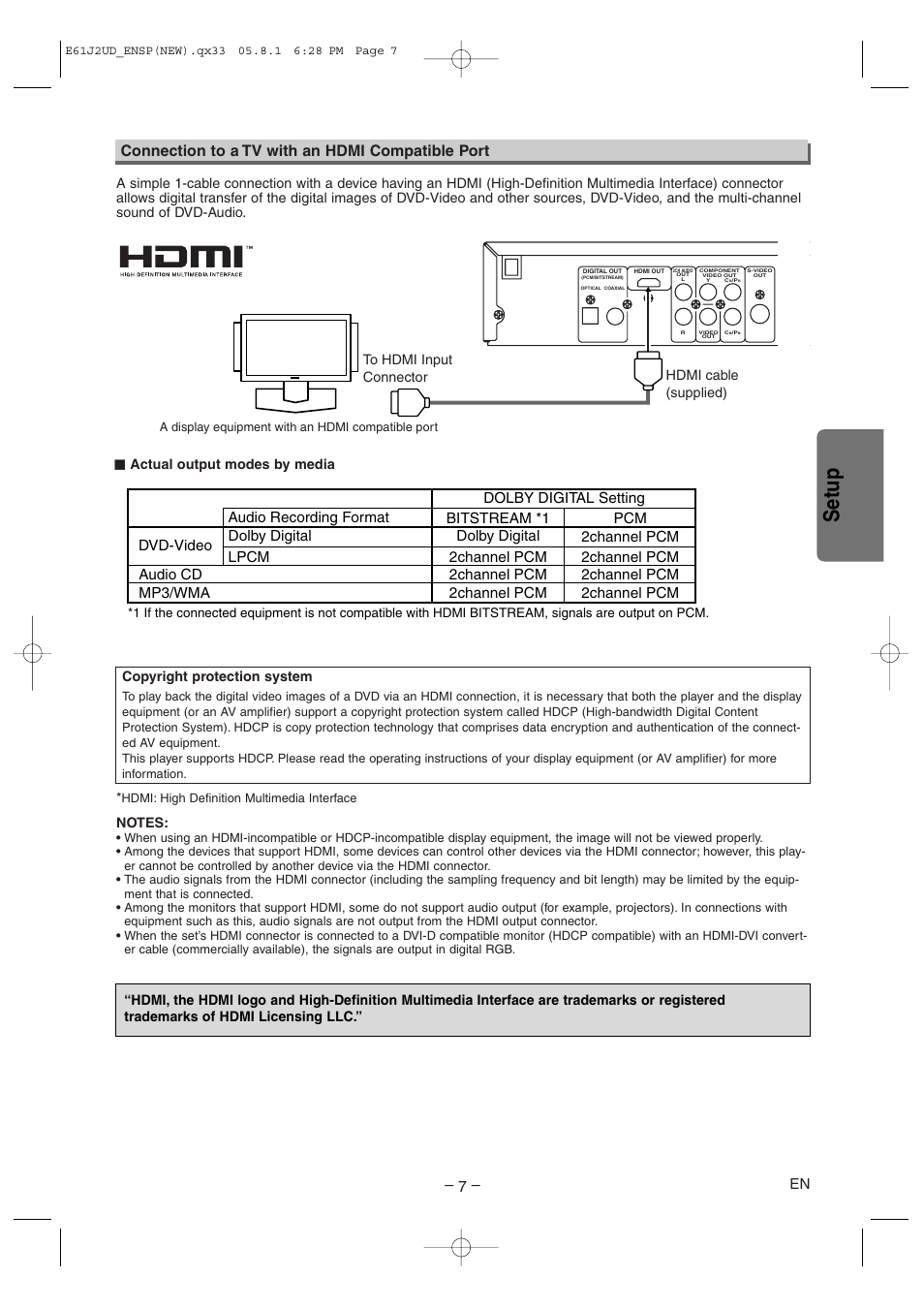 Setup, Connection to a tv with an hdmi compatible port | FUNAI MSD1005 User Manual | Page 7 / 24