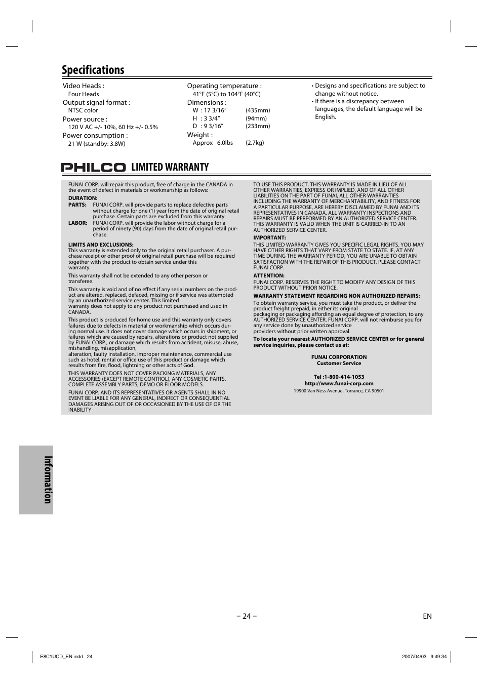 Specifications, Information, Limited warranty | FUNAI CDV210HH8 User Manual | Page 24 / 26