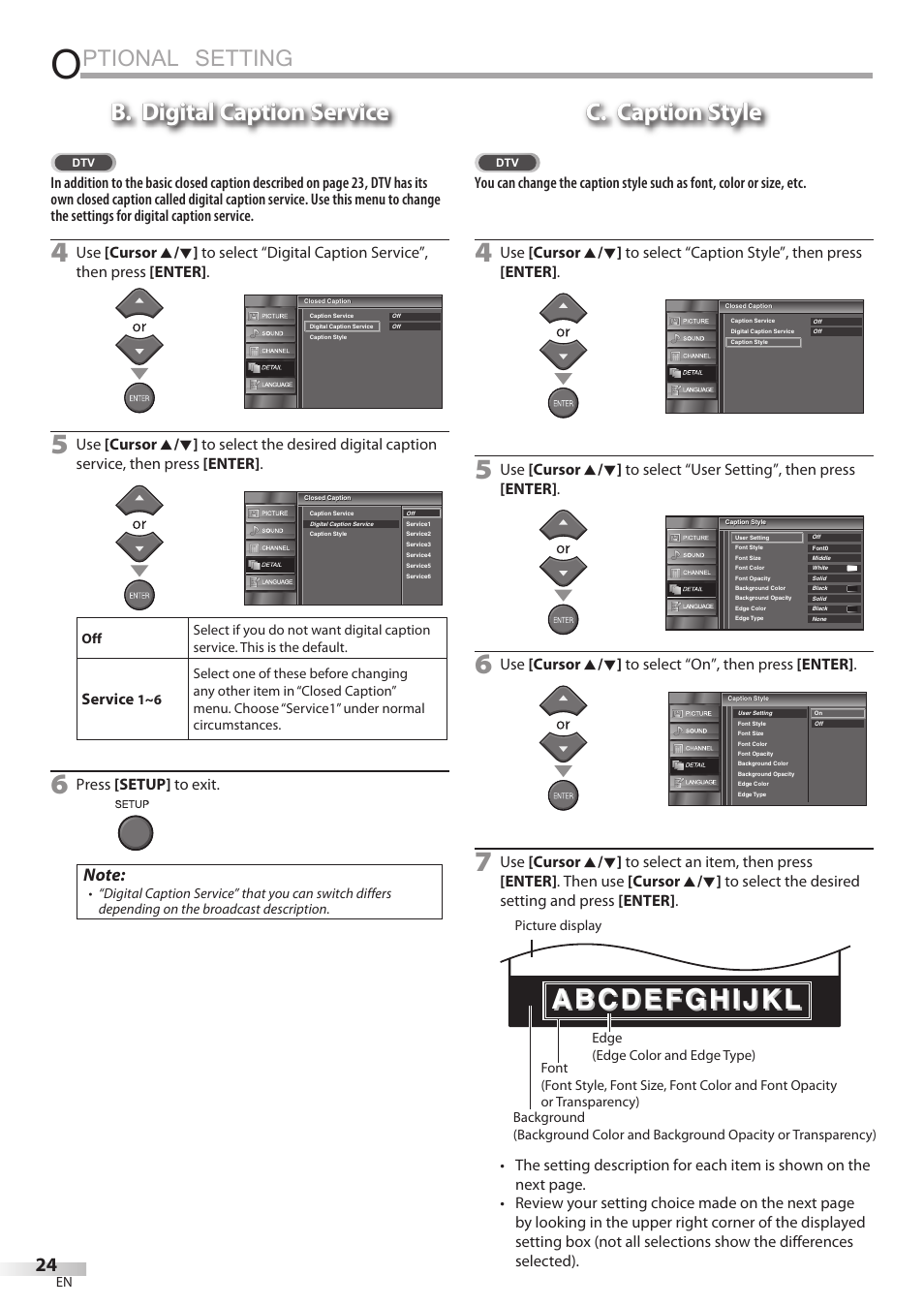Ptional setting, B. digital caption service, C. caption style | FUNAI LC320EMX User Manual | Page 24 / 114