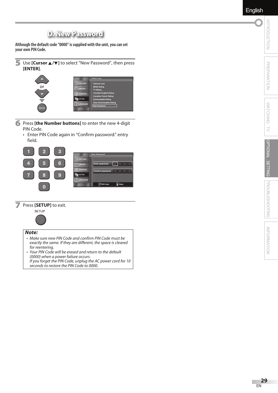 English español français, D. new password | FUNAI LC320EMX User Manual | Page 29 / 114