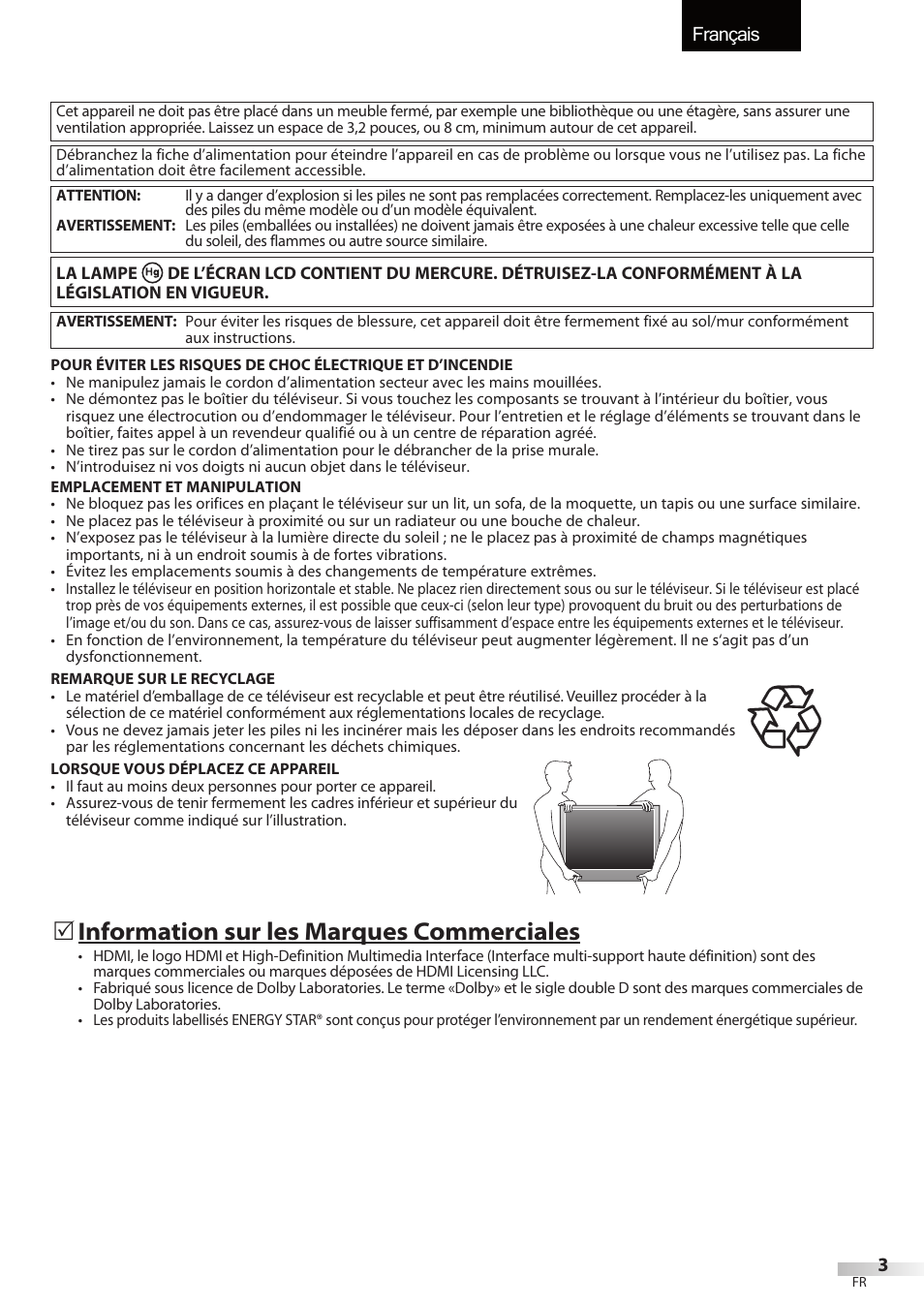 Français, Information sur les marques commerciales | FUNAI LC320EMX User Manual | Page 41 / 114