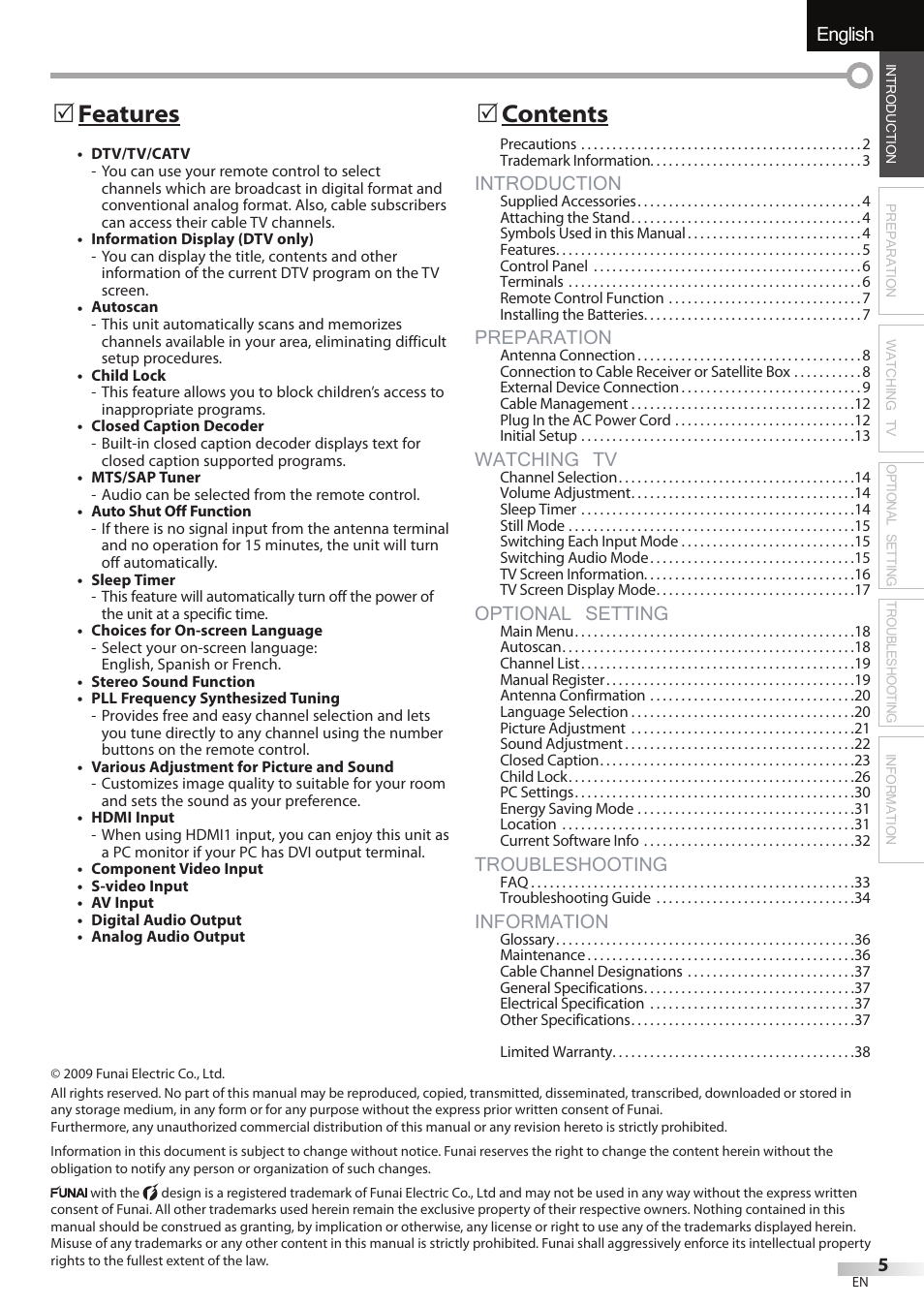 English español français, Introduction, Preparation | Watching tv, Optional setting, Troubleshooting, Information, Features 5, Contents 5 | FUNAI LC320EMX User Manual | Page 5 / 114