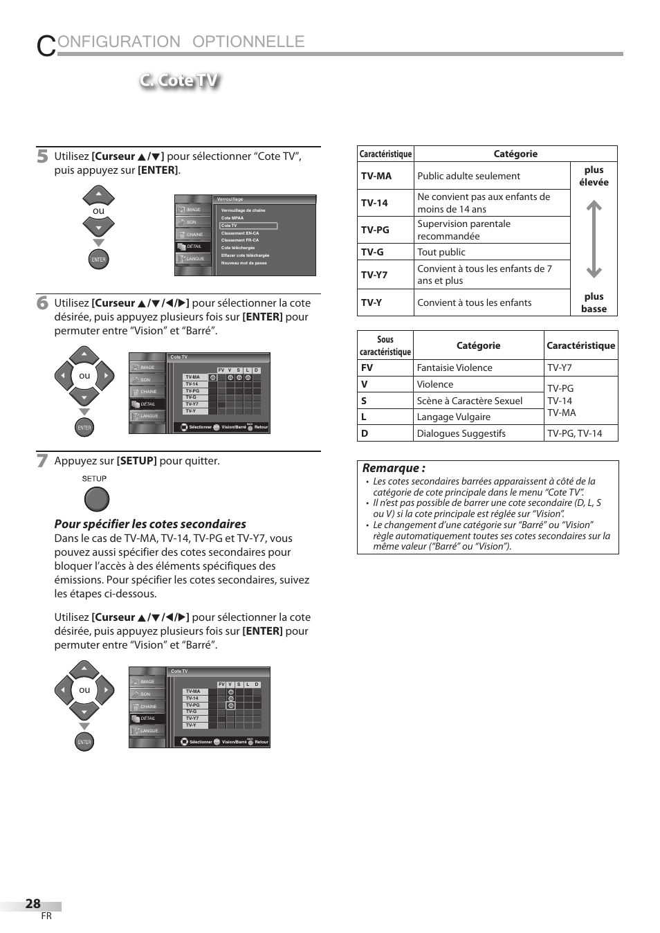 Onfiguration optionnelle, C. cote tv, Pour spécifier les cotes secondaires | Remarque, Appuyez sur [setup] pour quitter | FUNAI LC320EMX User Manual | Page 66 / 114