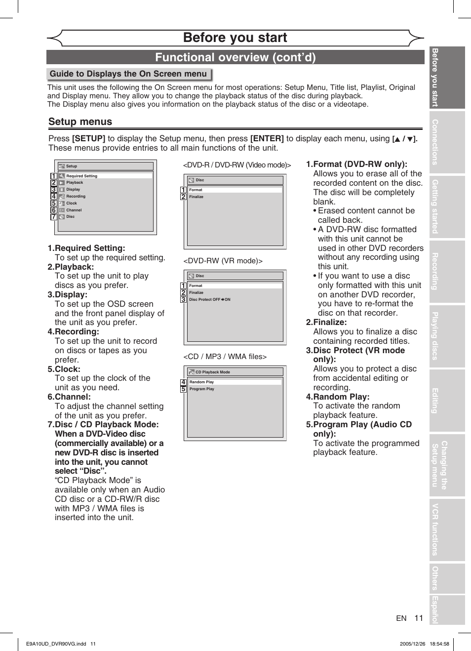 Before you start, Functional overview (cont’d), Setup menus | FUNAI DVR90VG User Manual | Page 13 / 90