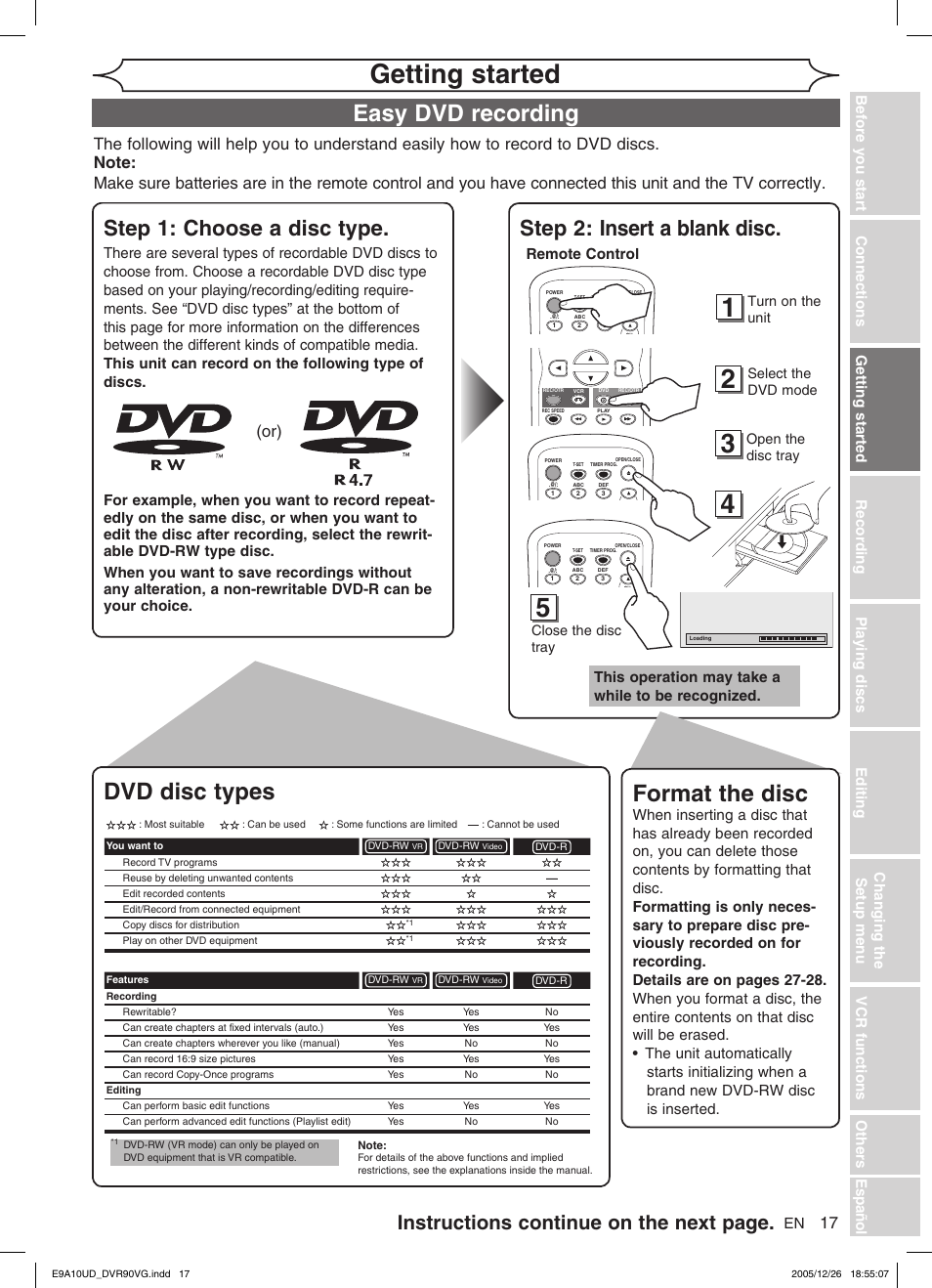 Getting started, Easy dvd recording, Format the disc | Dvd disc types, Step 2: insert a blank disc, Step 1: choose a disc type, Instructions continue on the next page, Vcr functions others e sp añ ol, Remote control, This operation may take a while to be recognized | FUNAI DVR90VG User Manual | Page 19 / 90