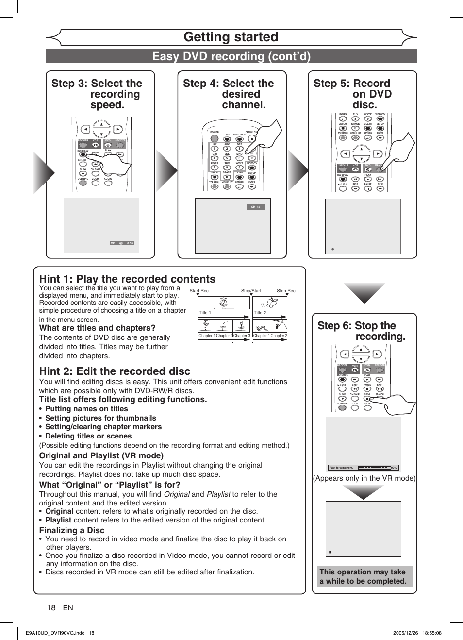 Getting started, Easy dvd recording (cont’d), Hint 1: play the recorded contents | Hint 2: edit the recorded disc, What are titles and chapters, Title list offers following editing functions, Original and playlist (vr mode), What “original” or “playlist” is for, Finalizing a disc, This operation may take a while to be completed | FUNAI DVR90VG User Manual | Page 20 / 90