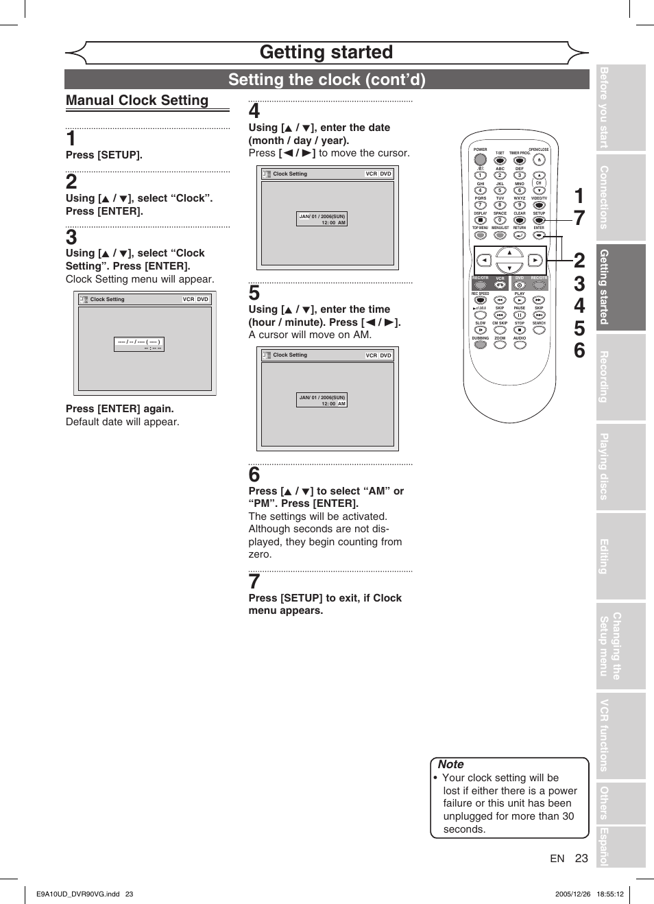 Getting started, Setting the clock (cont’d), Manual clock setting | FUNAI DVR90VG User Manual | Page 25 / 90