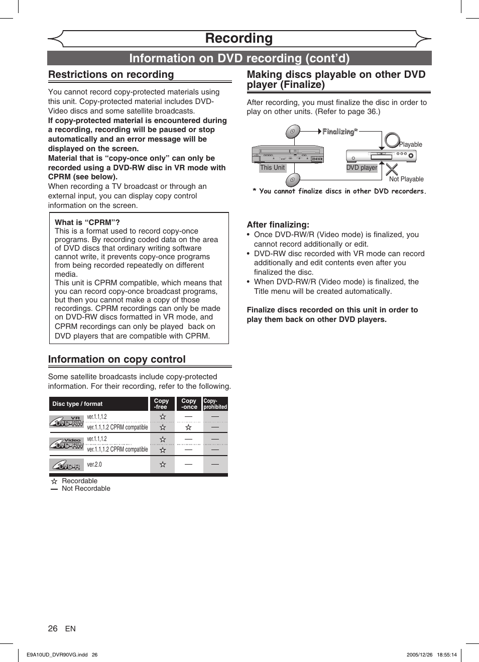 Recording, Information on dvd recording (cont’d), Restrictions on recording | Information on copy control | FUNAI DVR90VG User Manual | Page 28 / 90