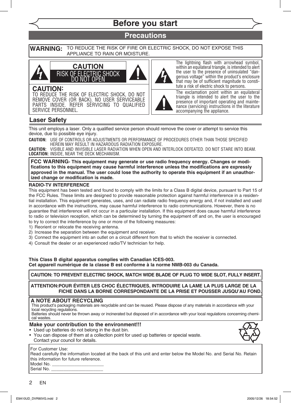 Before you start, Precautions, Caution | Caution risk of electric shock do not open, Laser safety, Warning | FUNAI DVR90VG User Manual | Page 4 / 90