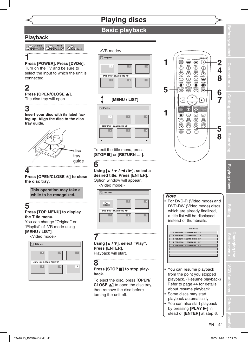 Playing discs, Basic playback, Playback | Disc tray guide | FUNAI DVR90VG User Manual | Page 43 / 90