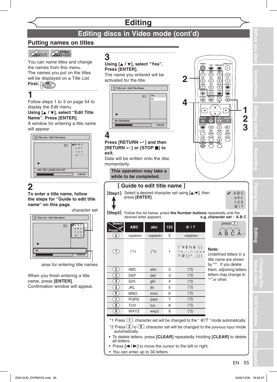 Editing, Editing discs in video mode (cont’d), Putting names on titles | Guide to edit title name, A b c a | FUNAI DVR90VG User Manual | Page 57 / 90