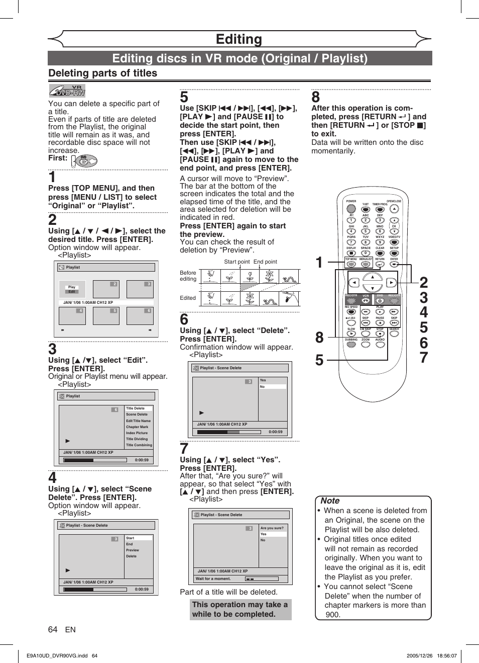 Editing, Editing discs in vr mode (original / playlist), Deleting parts of titles | FUNAI DVR90VG User Manual | Page 66 / 90