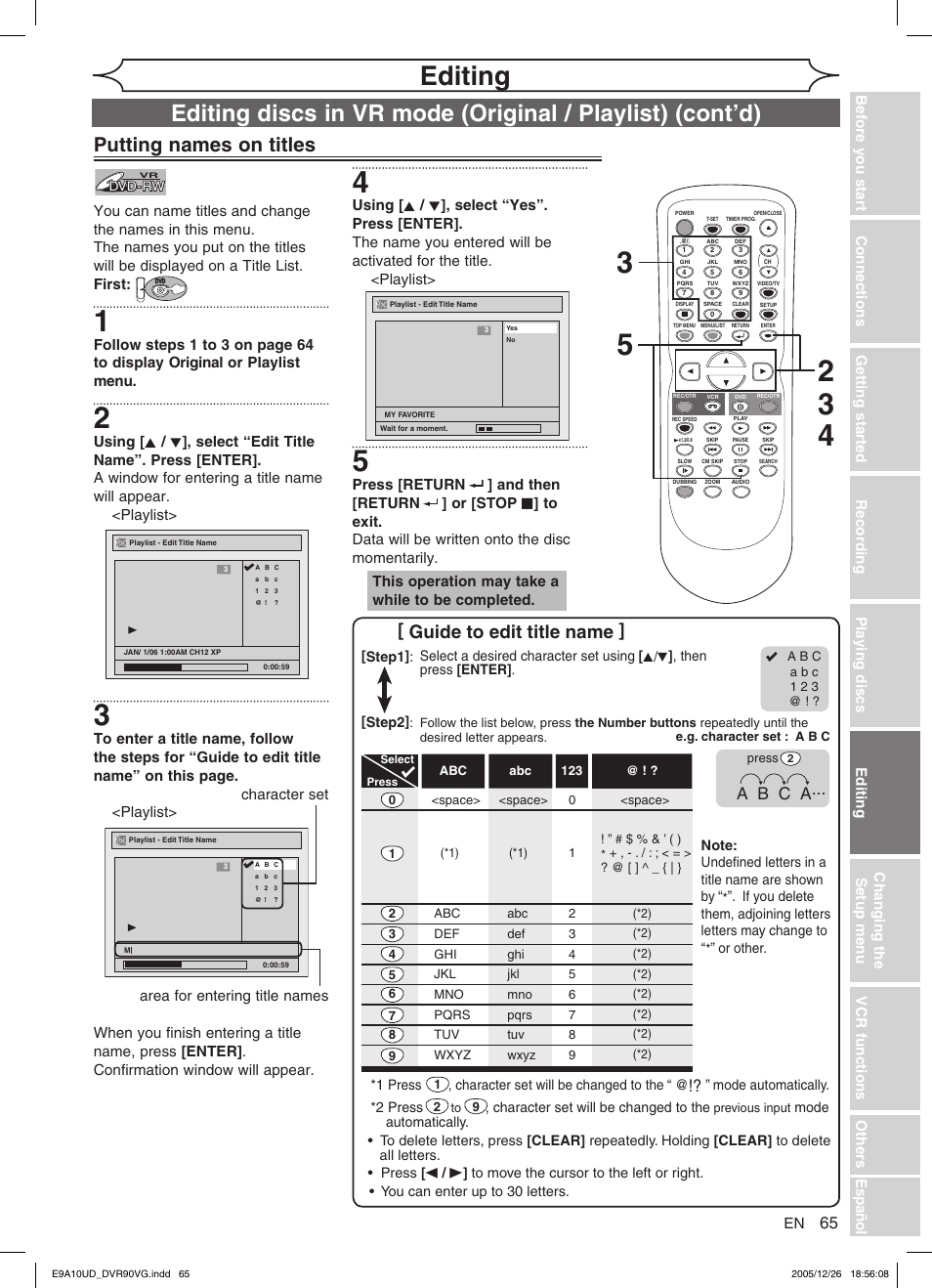 Editing, Putting names on titles, Guide to edit title name | A b c a | FUNAI DVR90VG User Manual | Page 67 / 90