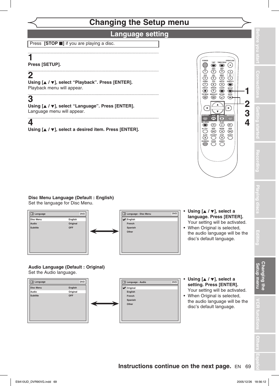 Changing the setup menu, Language setting, Instructions continue on the next page | Press [setup | FUNAI DVR90VG User Manual | Page 71 / 90