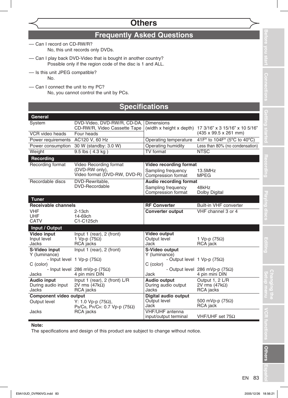 Others, Specifications frequently asked questions | FUNAI DVR90VG User Manual | Page 85 / 90