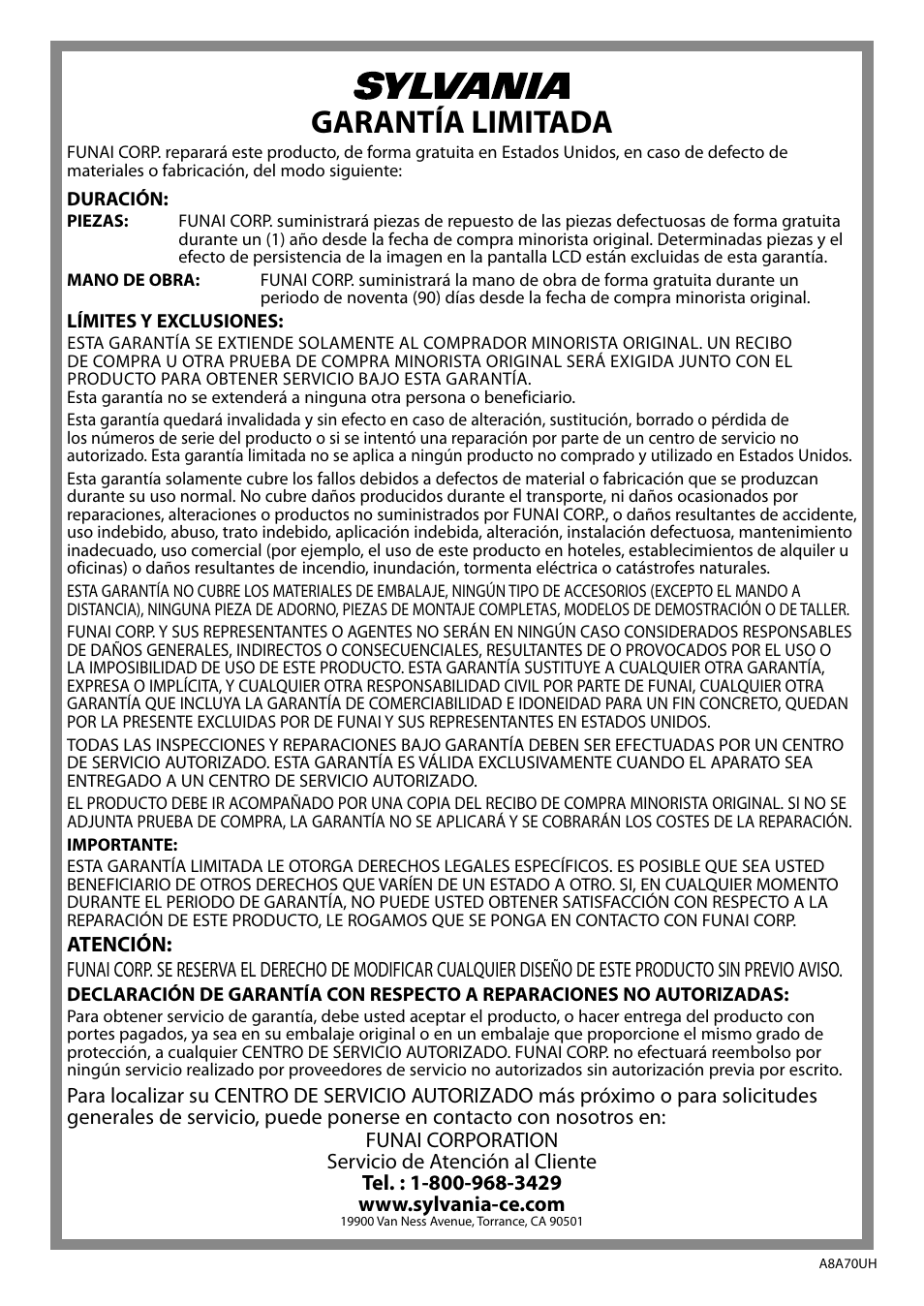 Garantía limitada | FUNAI LC225SL9 User Manual | Page 76 / 76
