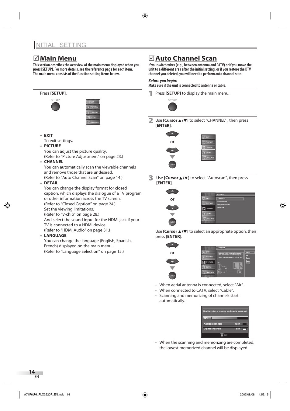 Nitial setting, Main menu, Auto channel scan | Before you begin | FUNAI FLX3220F User Manual | Page 14 / 72